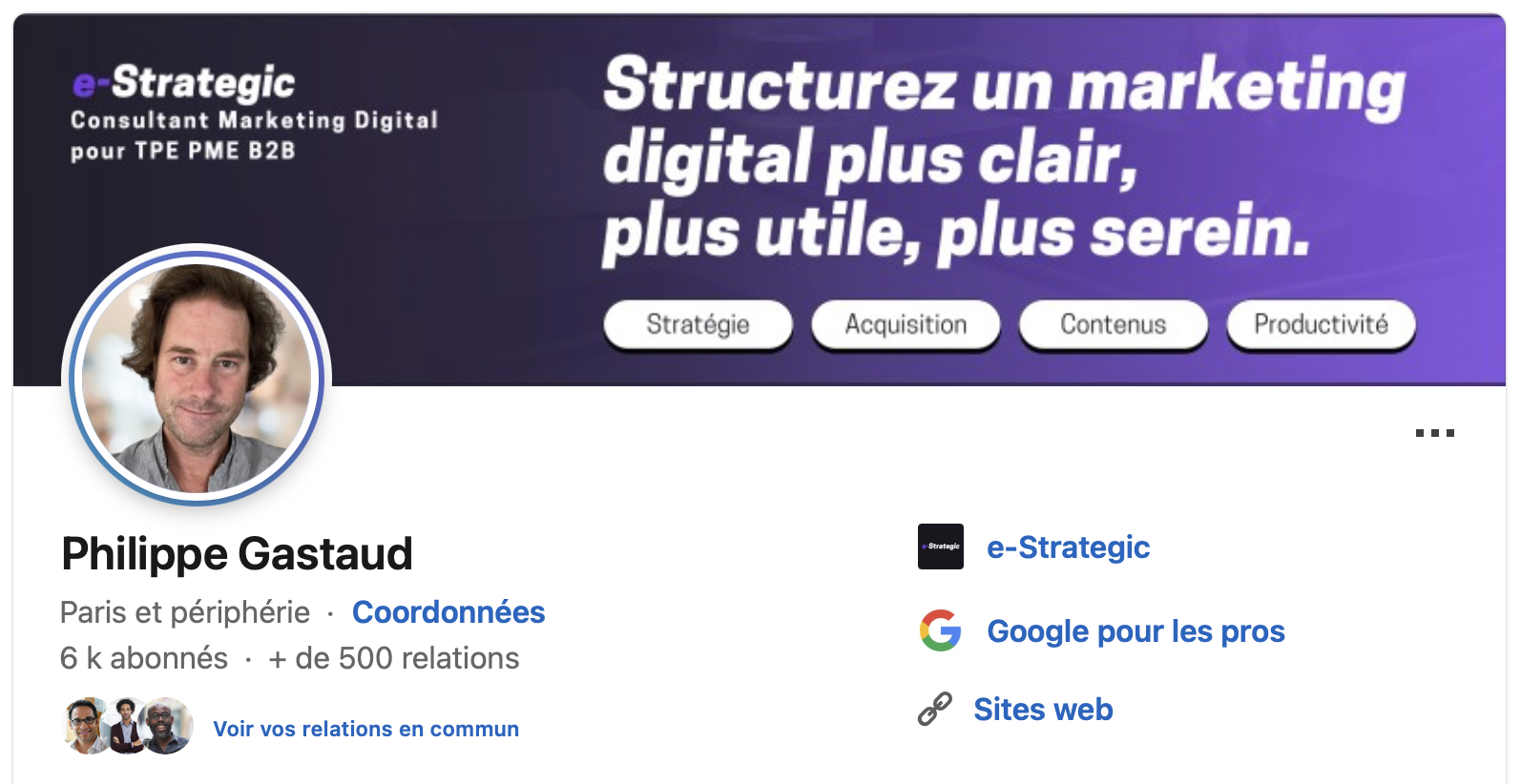 Profil LinkedIn de Philippe Gastaud et bannière e-Strategic